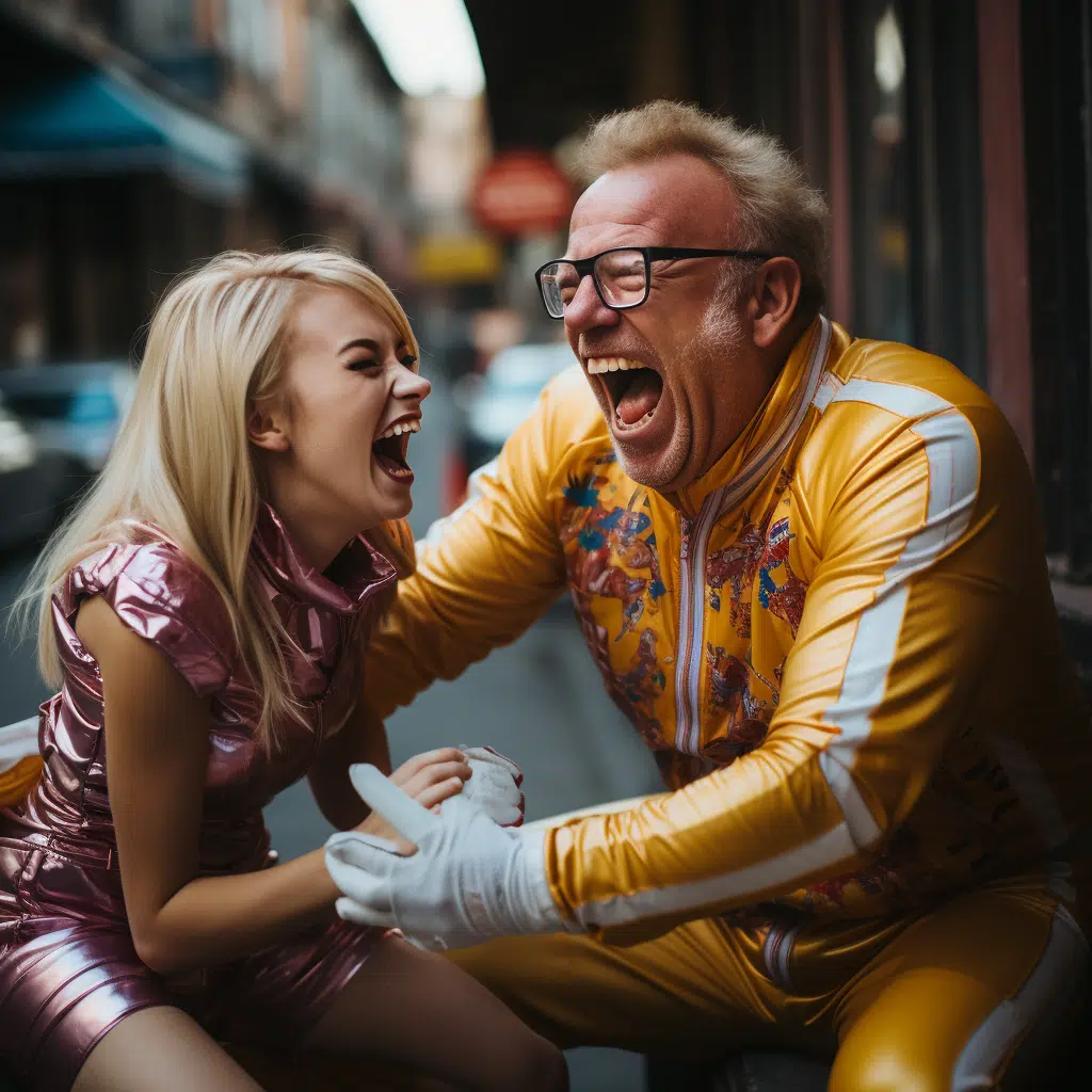 Blonde models in cheerleader outfits laughing at a nerdy man