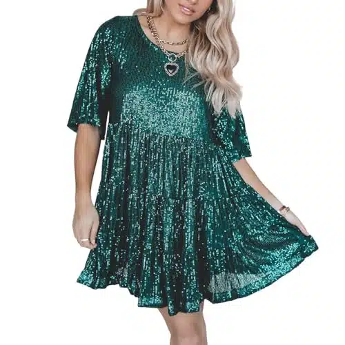 Naileksi Women Glitter Sparkle Sequins Babydoll Dress Short Sleeve Round Neck Ruffle Hem Loose Tiered Mini Dress Party(Green,L)