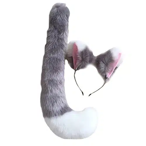 Song Qing Party Cosplay Costume Cat Fox Ears Faux Fur Hair Hoop Headband + Tail Set, Grey White, Women One Size