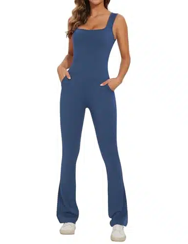 Lingswallow Flare Jumpsuit for Women Bodycon Square Neck Tank Top Wide Leg Full Length Bodysuit Workout Outfits Onesie with Pockets Navy Blue