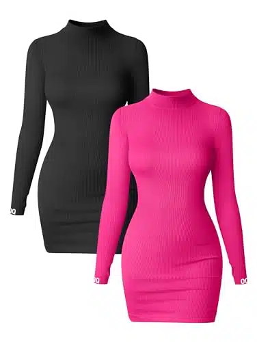 OQQ Women Piece Dress Sexy Ribbed Mock Neck Long Sleeve Tummy Control Mini Dresses Black Pitaya