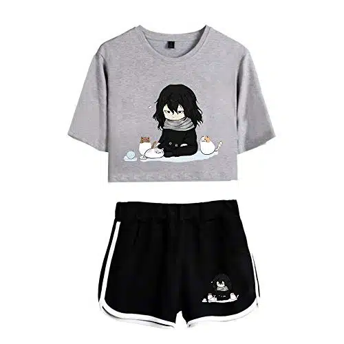 ChenRong, Women Girls Boku No Hero Academia Crop Top and Shorts Piece Aizawa Shouta Cosplay Shirt Costume (Medium, Gray )