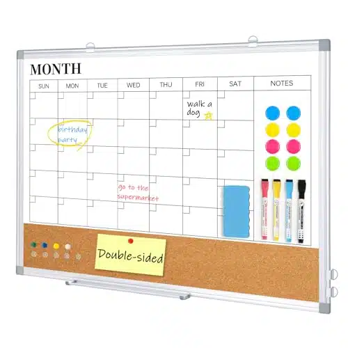 DOLLAR BOSS Whiteboard Calendar Corkboard Combo xInch Magnetic Dry Erase Calendar Double sided Monthly Planner Silver Aluminum Frame Office School Home agnets arkers Pins Eras