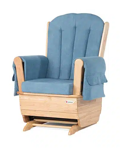 Foundations SafeRocker Glider Rocker Chair for Nursery or Daycare, Solid Wood Base Frame, Durable Microfiber, Side Storage Pockets, Can be Removed and Laundered (Blue)