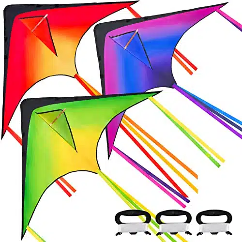 JOYIN Packs Large Delta Kite Orange, Green and Purple, Easy to Fly Huge Kites for Kids and Adults with ft Kite String, Large Delta Beach Kite for Outdoor Games and Activities