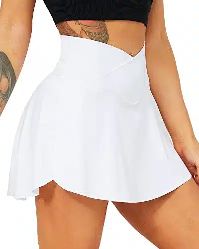 TZLDN Women's Tennis Skirt with Shorts Pockets Crossover High Waisted Workout Athletic Golf Skorts Skirts White   Medium