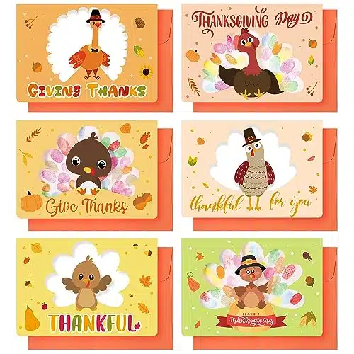 Thanksgiving Greeting Cards, Finger Paint Turkey DIY Cards, Thankful Cartoon Turkey Cards with Envelopes for Kids Family Friends Fall Party Harvest Celebration Game School Act