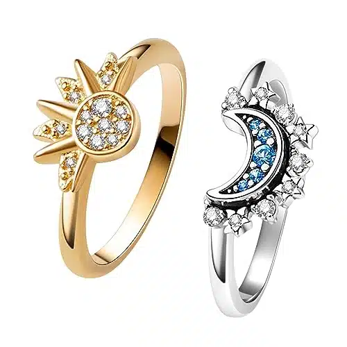 Une Douce Celestial Sun and Moon Ring Set, Sparkling Sun RingBlue Moon Ring with k GoldSilver Plating, Friendship Promise Ring, Stackable Celestial Rings for Women Girls (size