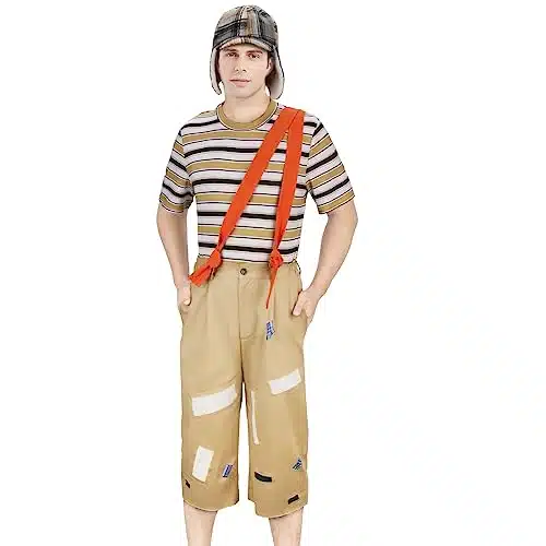 ZIFUNMUR Adults Kids Chespirito Costume Striped T shirt Hat Straps Pants Outfit Halloween Cosplay Uniform Set (Adults, Medium)